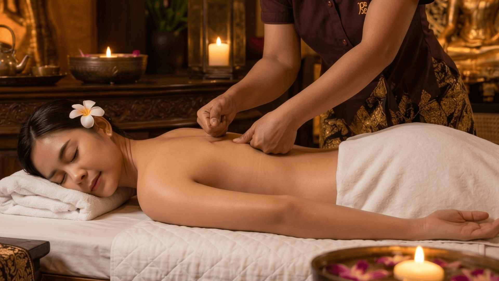 Terapeut masira leđa ženi koja leži na masažnom stolu u ambijentalno uređenom spa centru.